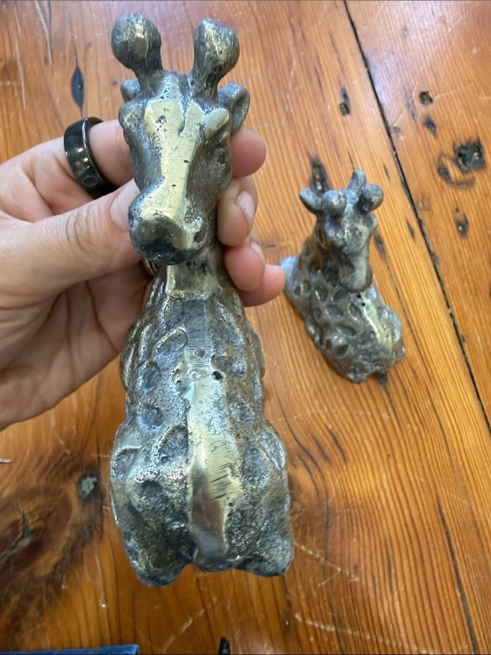 Vintage Metal Giraffe Salt and Pepper Shakers in Aged Silver Tone